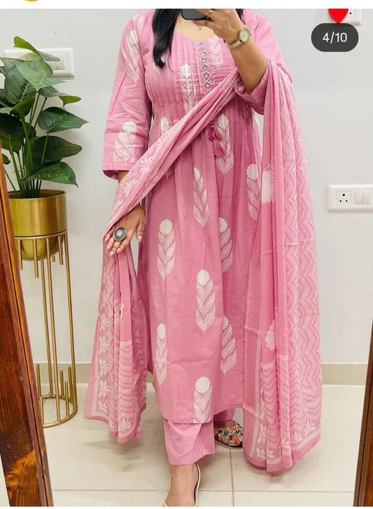 Pink Block Ikat Print Kurta Set with Dupatta