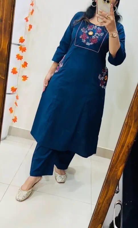 Women’s Navy Blue Cotton Embroidered Straight Kurta Pant Set