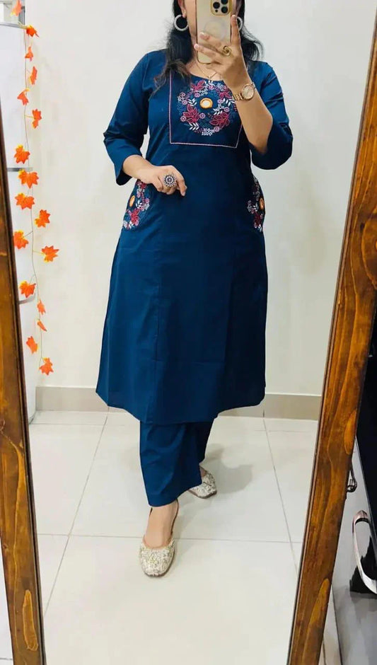 Women’s Navy Blue Cotton Embroidered Straight Kurta Pant Set