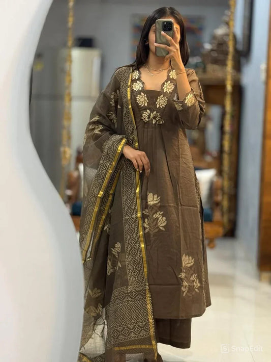Brown Elegant Floral Embroidered Kurta Set with Dupatta